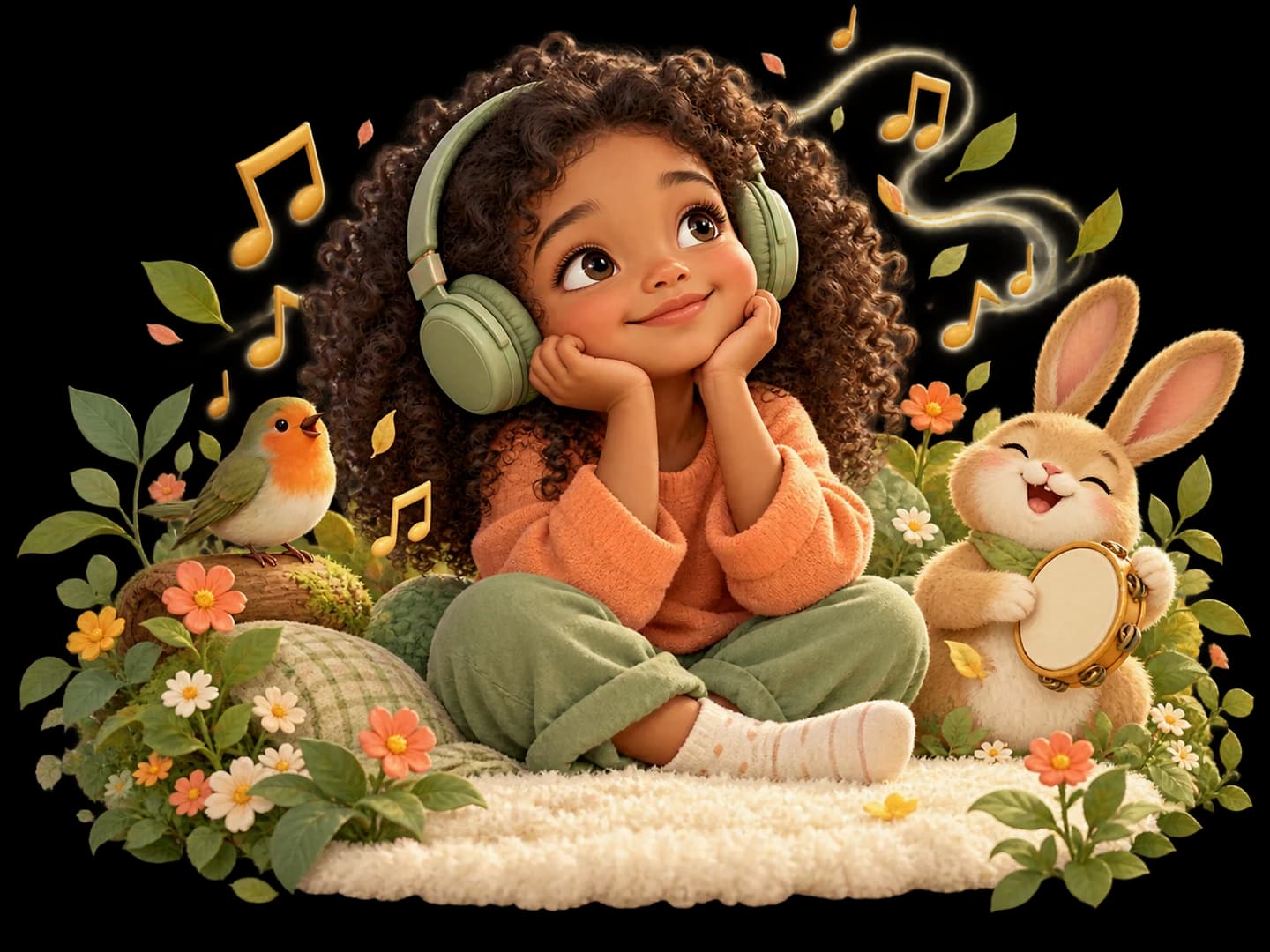 Ein Kind mit grünen Kopfhörern hört Musik in einem Fantasiegarten mit einem kleinen Kaninchen.